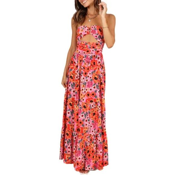 Petal & Pup Dresses & Skirts - PETAL + PUP Pink Orange Sarai Floral Cutout Strapless Tiered Maxi Dress Size 10